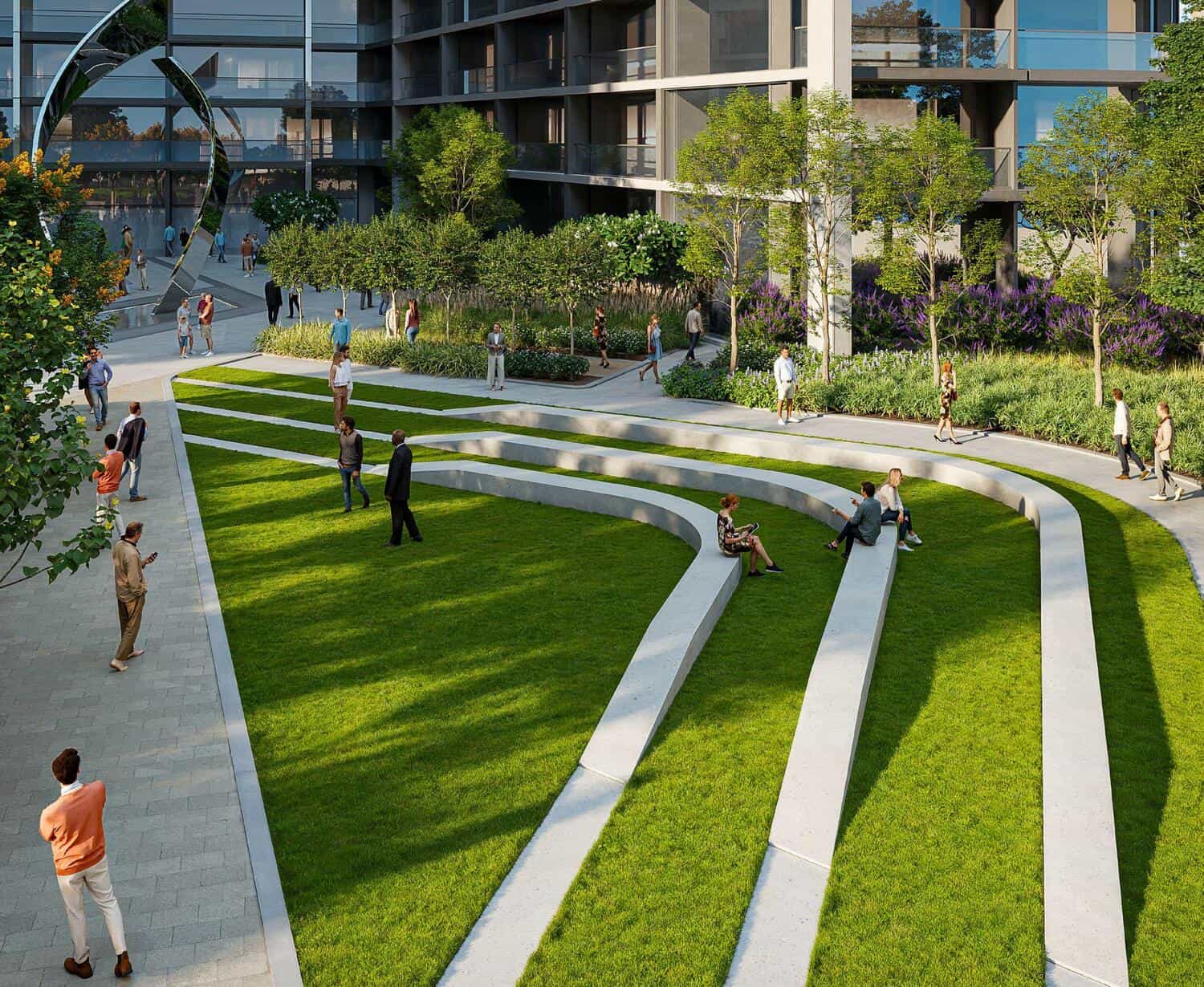 Open Plaza With Water Feature & Sculpture