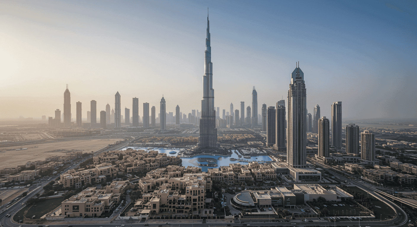 Dubai cityscape skyline with the Burj Khalifa at sunrise