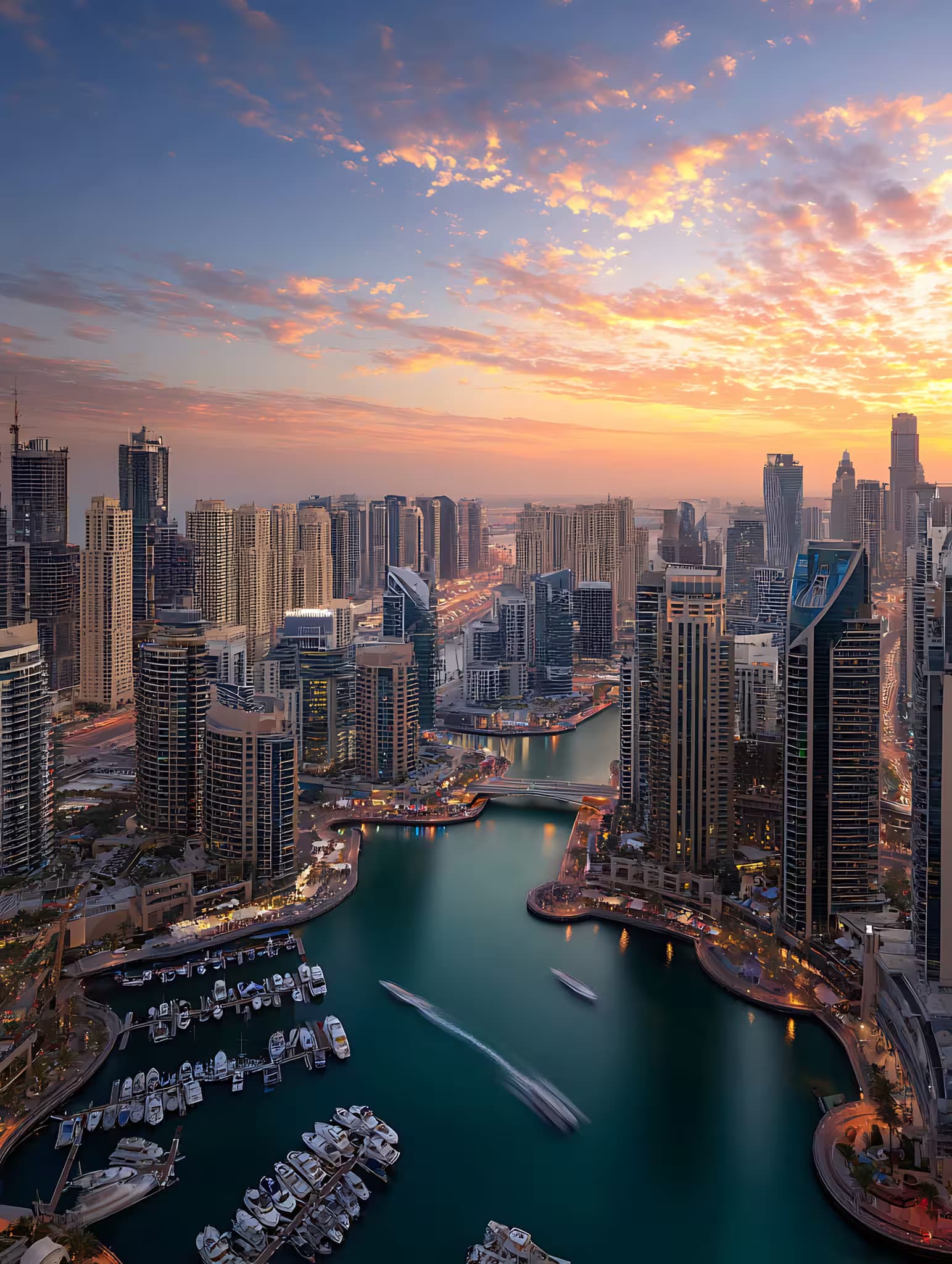 Dubai Marina skyline at sunset