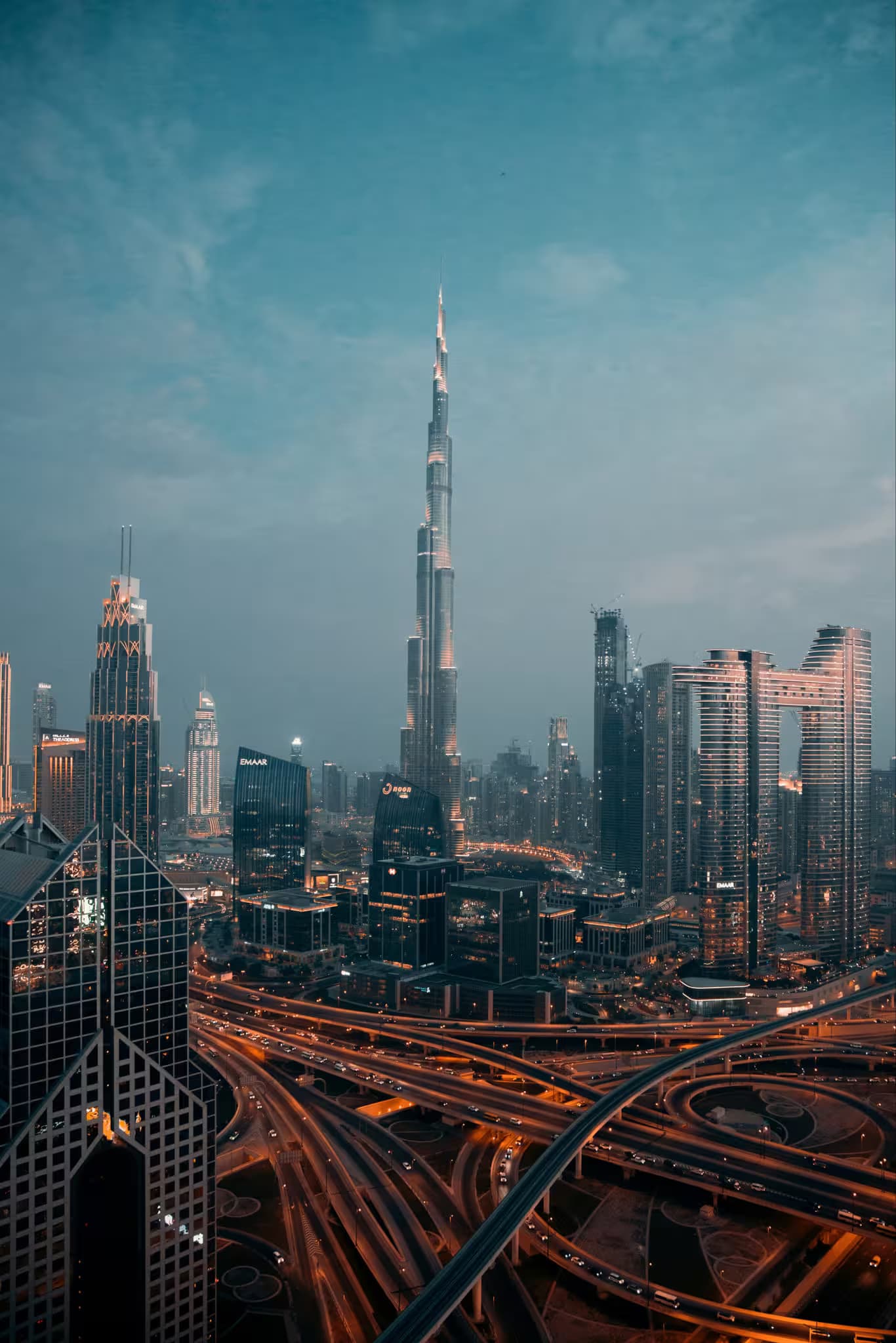 Downtown Dubai road and skyline view
