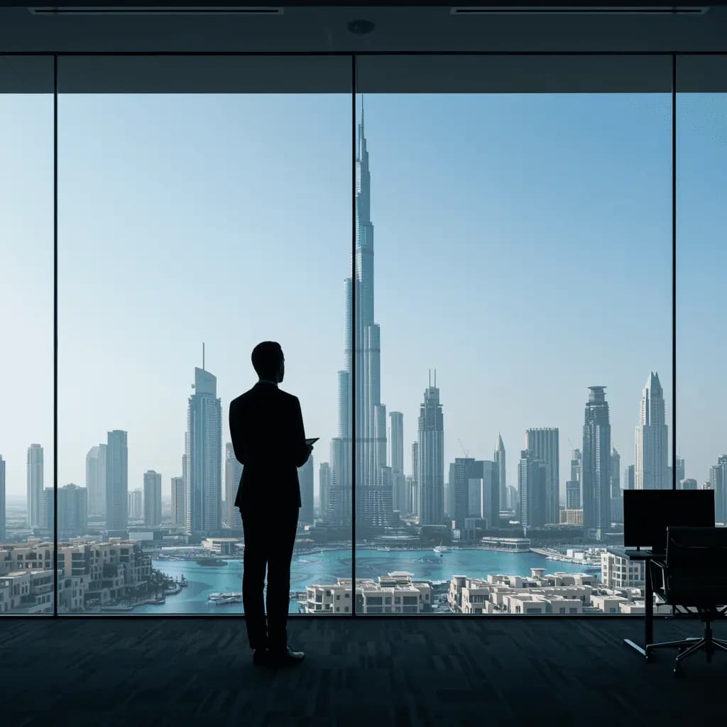 Business professional overlooking Dubai skyline