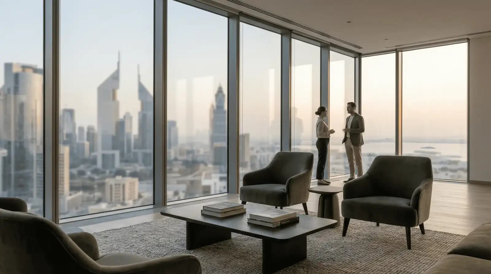 Property advisors discussing opportunities in Dubai